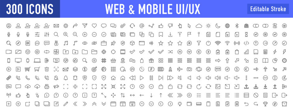Set of 300 Interface ui, ux web icons in line style. User, profile, message, mobile app, document file, social media, button, home, chat, arrow, collection. Vector illustration.
