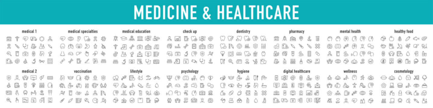 Set of 400 Medical and Healthcare web icons in line style. Medicine, check up, doctor, dentistry, pharmacy, lab, scientific discovery, collection. Vector illustration.