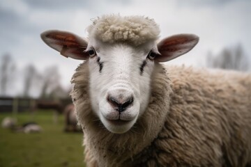 A sheep portrait in the Netherlands, spent a weekend away from the city with fresh air and a natural backdrop. Date and time of day. Generative AI