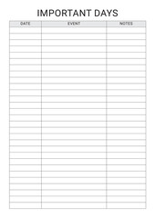 Important Days Planner