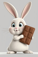 cute bunny white, 3d, happy, holding a chocolate bar, Generative Ai