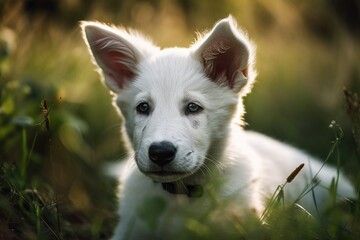 Obraz premium 10 week old white Swiss Shepherd puppy portrait. Generative AI