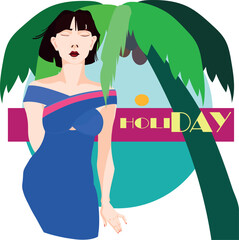 Girl in a dress on the summer sky and palm trees. Avatar for social networks