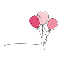Pink air balloons vector one line continuous drawing illustration. Hand drawn linear silhouette icon. Minimal design greeting card, graphic print, banner, poster, invitation.
