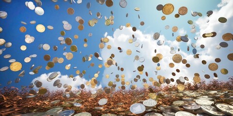 coins falling from the sky piling up on the ground, generative, ai