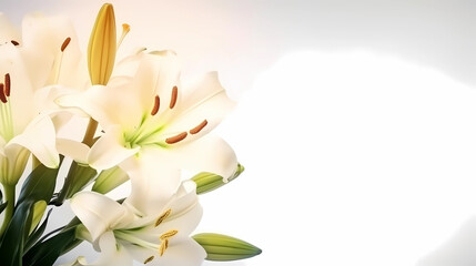 border of lilies on a white background. top view with copy space. Generative AI