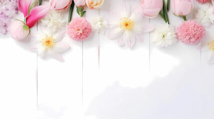 border of spring flowers on a white background. top view with copy space. Generative AI