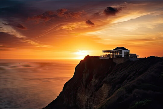 Modern House on the Cliff at Sunset. Generative AI.