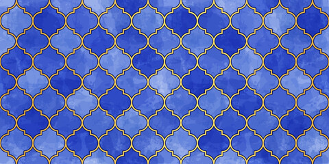 Fototapeta premium Moroccan Seamless Pattern. Arabic Mosaic Watercolor Ornament. Eid Mubarak Muslim Background. Ramadan Kareem Islamic Illustration. Turkish Mosque Window Shape.