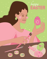 Woman decorating easter egg with paint brush. Easter celebration. Brush, eggs and paint tubes on table. Tradition of painting egg. Flat vector illustration. Creative Personality workplace. 