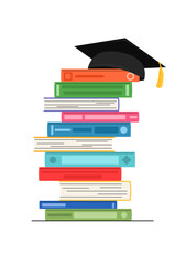 Stack of colorful books with academic cap. Education vector illustration.