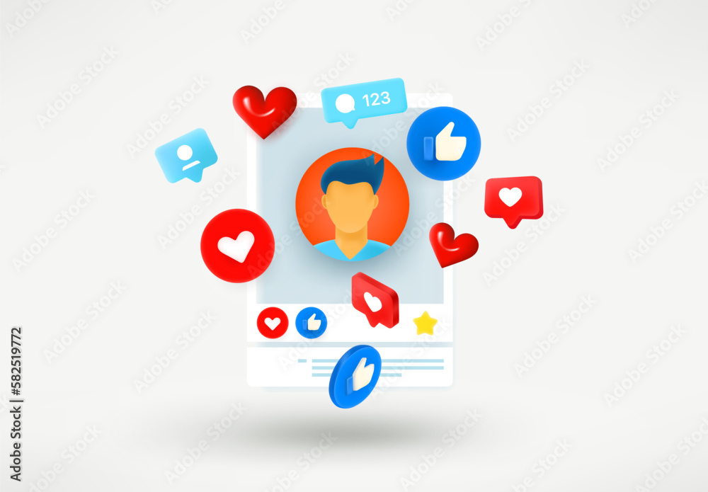 Poster social media reactions in web or mobile application concept. 3d vector illustration