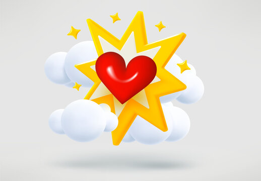 Fall in love concept with heart and yellow flash. 3d vector illustration
