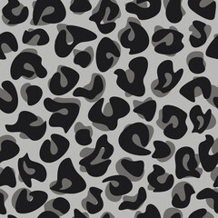 Grey monochrome leopard seamless pattern vector. Abstract spots backdrop illustration. Wallpaper, background, fabric, textile, animal skin print, wrapping paper or package design.