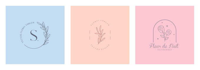 Set of vector floral emblems.Elegant  logo designs with linear branches,flowers.Modern botanical badges in trendy minimal style.Branding design templates.Letters with Fleur de Nuit means night flower