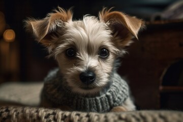 Tiny, dejected puppy resting on knit fabric and staring directly at the camera. Warm, inviting background. Generative AI