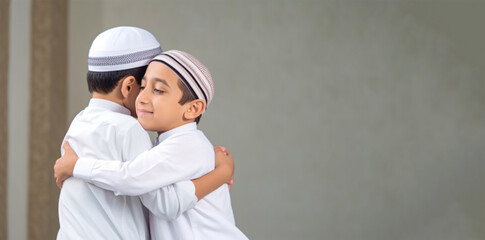 Two muslim boy hugging each other, eid greeting , eid mubarak generative AI