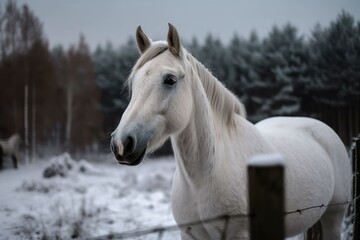 Obraz na płótnie Canvas During the chilly and dark winter days, a stunning white horse of the Kladrubsky breed or race would stand by the pasture land's fence and observe. The photo was taken in the Czech Republic at the hor