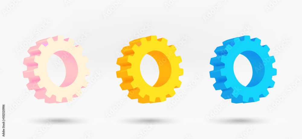Poster different color gear icons collection. 3d vector isolated on white background