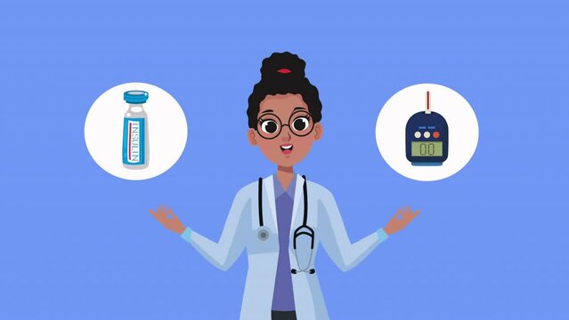 afro female doctor with glucometer animation