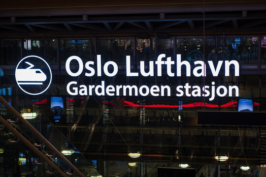 Oslo, Norway - March 16, 2023: Oslo Gardermoen Airport (Norwegian: Oslo Lufthavn) OSL and railway station. Oslo airport is connected to city center by high-speed railway trains and Flytoget.