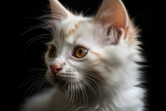 A kitten is depicted. Large muzzle kitten. yellow cat with blue eyes. White and red fur is present. A black background. White, fluffy paws. Closed cat muzzle. adorable kitten with lovely fur