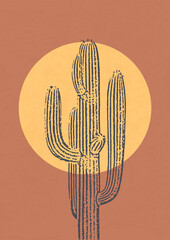 Minimalistic brown Illustration with cactus and sun. Modern style wall decor, monochrome art. © Natalya Nepran