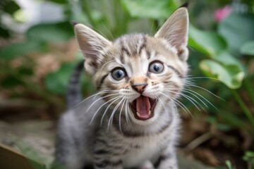 kitten with an open mouth and green eyes. Generative AI