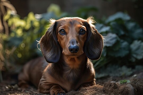 Brown dachshund in summertime photograph in a garden. Generative AI