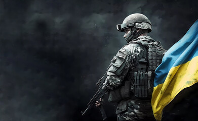 A soldier with a machine gun next to the flag of Ukraine. Flag Day of Ukraine. Ukrainian flag. AI generated