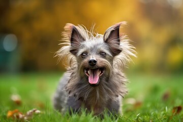 Extremely odd looking dog with a mohawk and its tongue out. Generative AI
