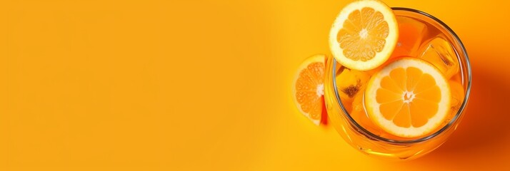 Fresh squeezed orange juice in the glass with orange slices on orange background with copy space. Illustration AI