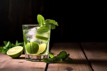 Fresh Mojito cocktail on old vintage wood and copy space. Illustration AI
