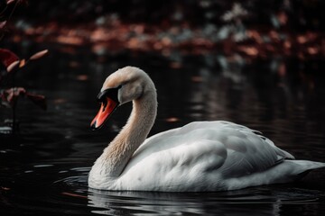 On the edge of a pond, a graceful white Swan with a crimson beak stands. the Cygnus olor, sometimes known as the mute swan. Generative AI