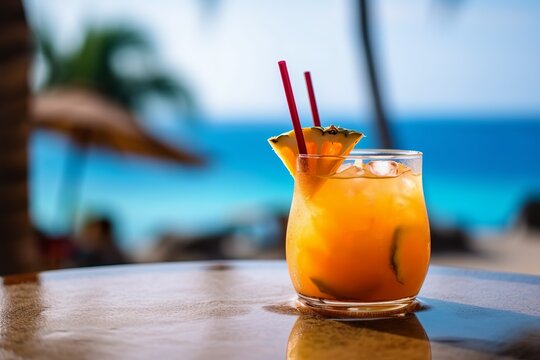 Fresh Mai Tai cocktail with straw and pineapple decoration and beautiful sea view in the background. Illustration AI