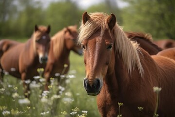 Obraz na płótnie Canvas Danish horses in the springtime in a field. Generative AI