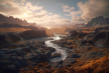 Fototapeta na wymiar Beautiful valley in mountains at sunset. Flowing river in valley with dramatic evening lights. Digitally generated AI image