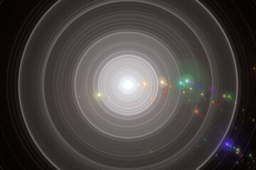A gray luminous disk made of curved lines on a black background. Abstract fractal 3D rendering