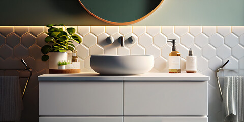 3D styled art illustration an empty white vanity counter with ceramic washbasin and modern style faucet in a bathroom with morning sunlight and shadow. Products display mockup. Generative Ai.