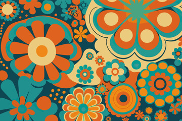 The 70's style floral pattern with abstract shapes, flat Colorful illustration.