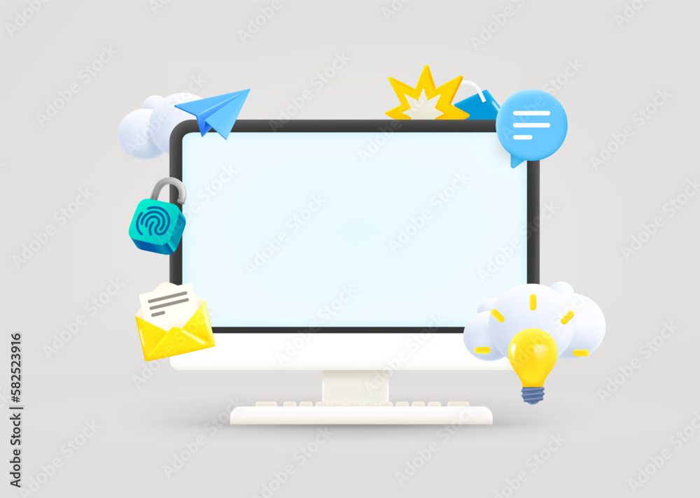 Fototapete Computer monitor with communication elements and blank screen. Web communication concept. 3d vector illustration