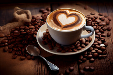 Cup of coffee latte with heart shape. Coffee beans on old wooden background. Generative ai.