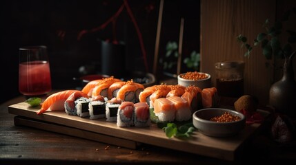 Obraz na płótnie Canvas Sushi and sashimi japanese food. Maki and rolls with tuna, salmon, shrimp and more. All you can eat menu. Sushi roll, uramaki, hosomaki, nigiri sashimi. Generative AI.