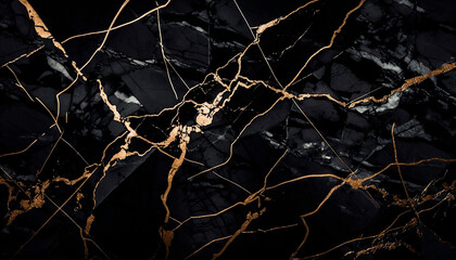 Abstract black background with golden cracks, splashes.Generative AI technology.