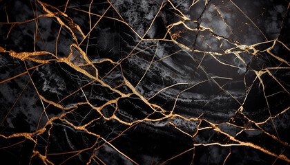 Abstract black background with golden cracks, splashes.Generative AI technology.