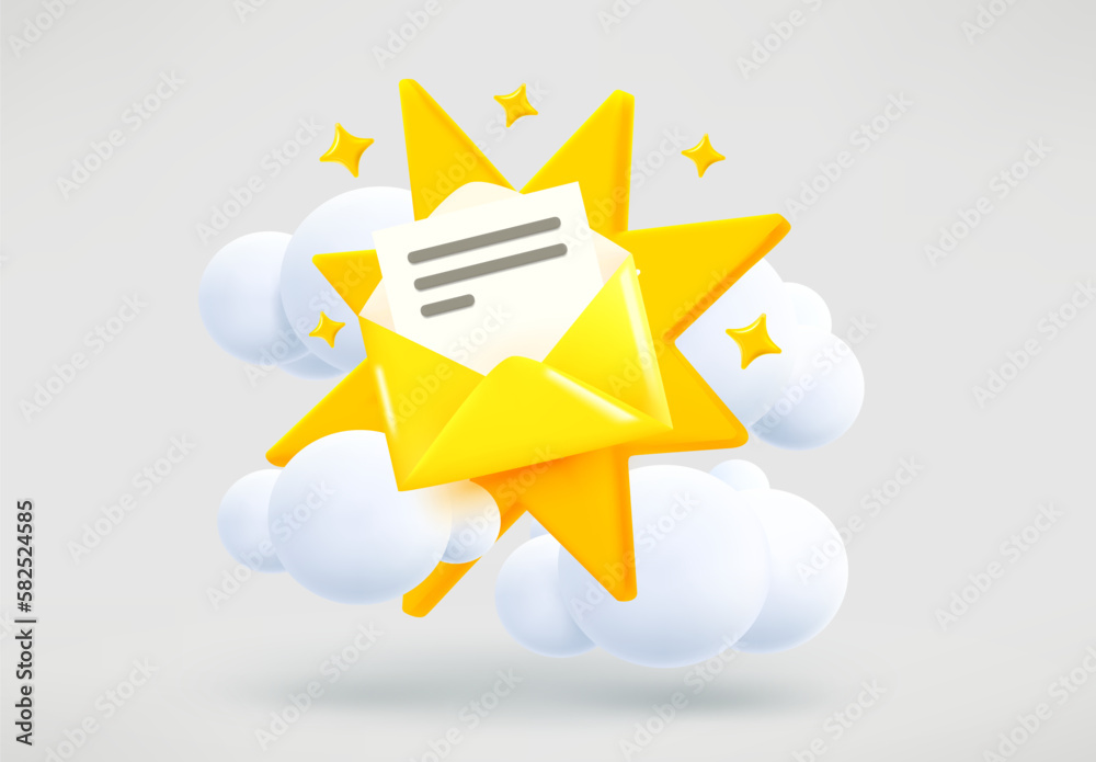 Poster Opened envelope with letter and yellow flash. Surprise concept. 3d vector illustration