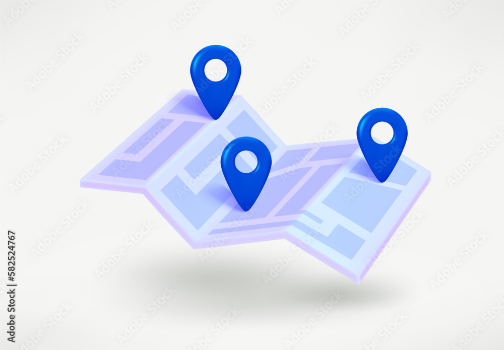 Poster paper map with blue points. 3d vector illustration