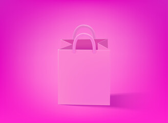 Pink shopping bag on violet background. 3d vector illustration