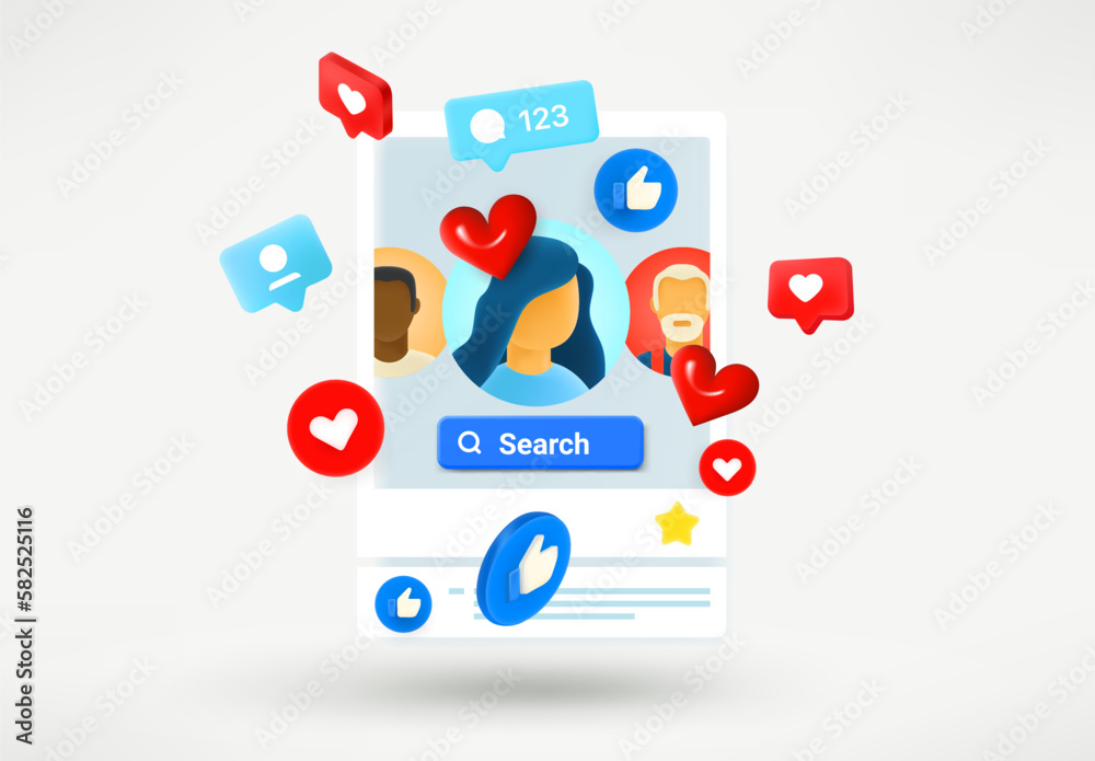 Poster social media people searching via web or mobile application. 3d vector illustration