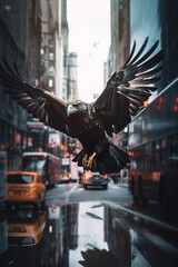 Obraz na płótnie Canvas Flying eagle on city street. Double exposure technique. Dark cinematic colours